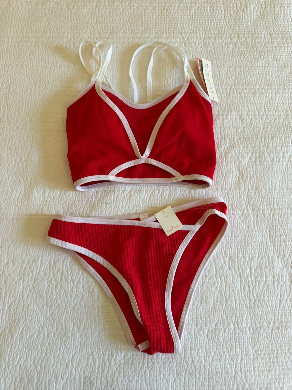Women’s Red Two-Piece Swim Set with White Trim